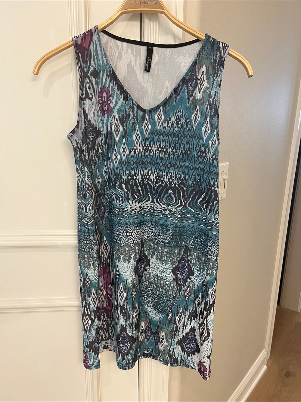 Viereck Teal and Purple Ikat-Print Sleeveless V-Neck dress
